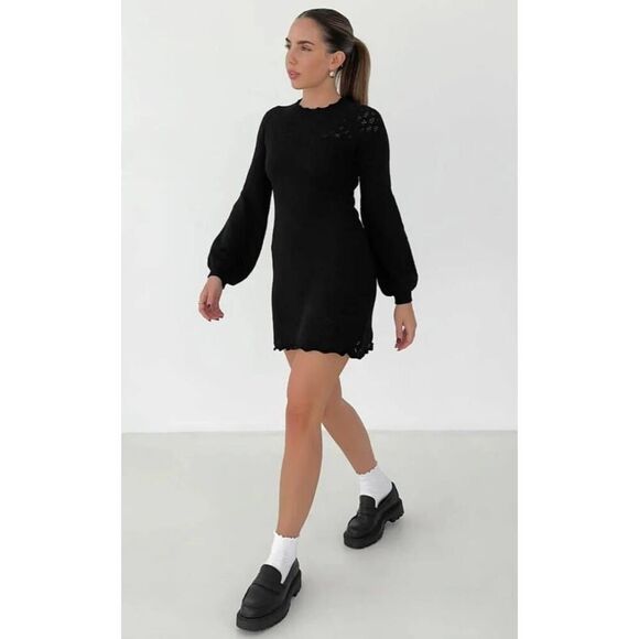 Rumored Vermont Balloon Sleeve High Neck Lettuce Hem Mini Sweater Dress in Black - Picture 1 of 8